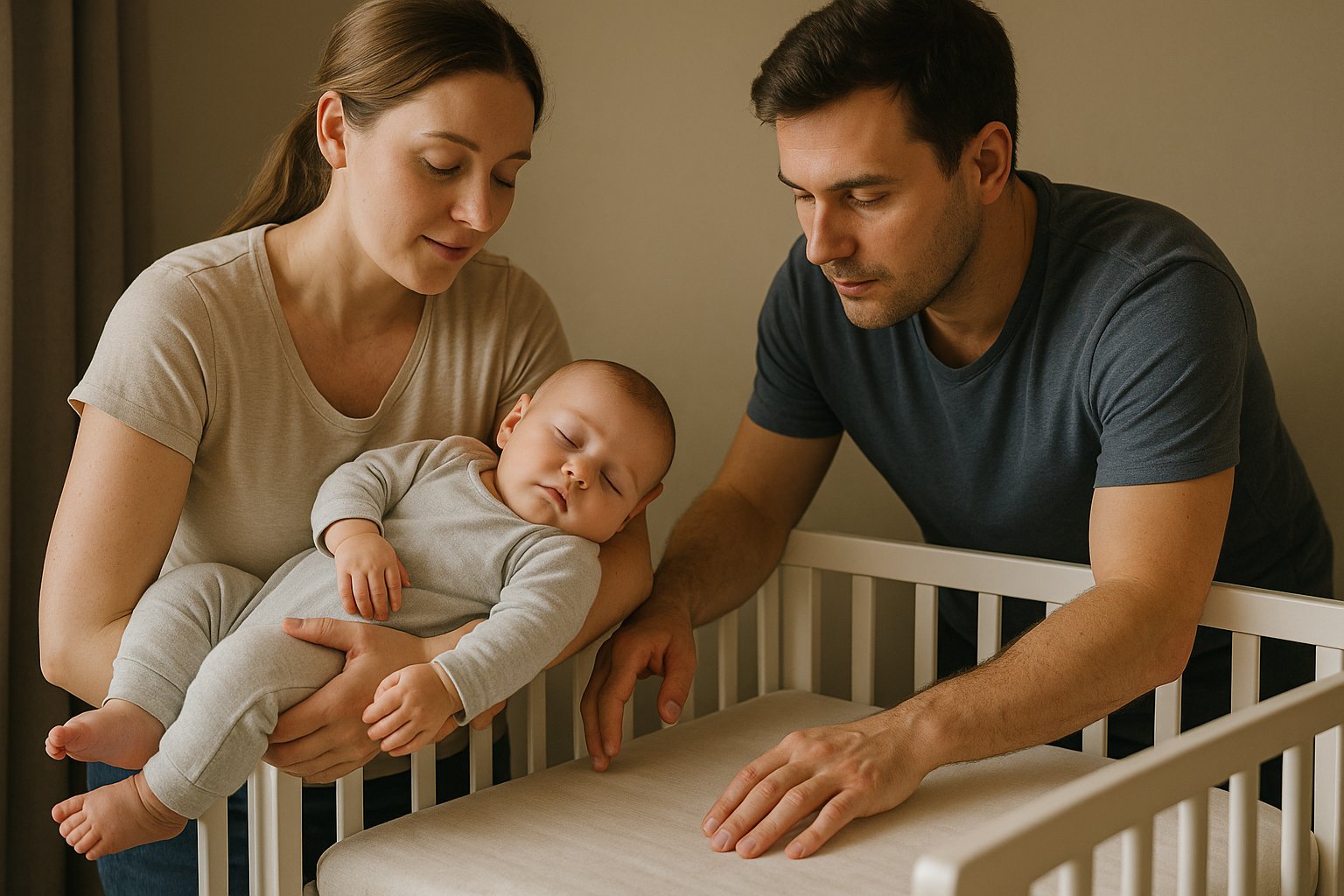 안눕법으로 아기를 품에 안고 있다가 침대로 옮기는 장면