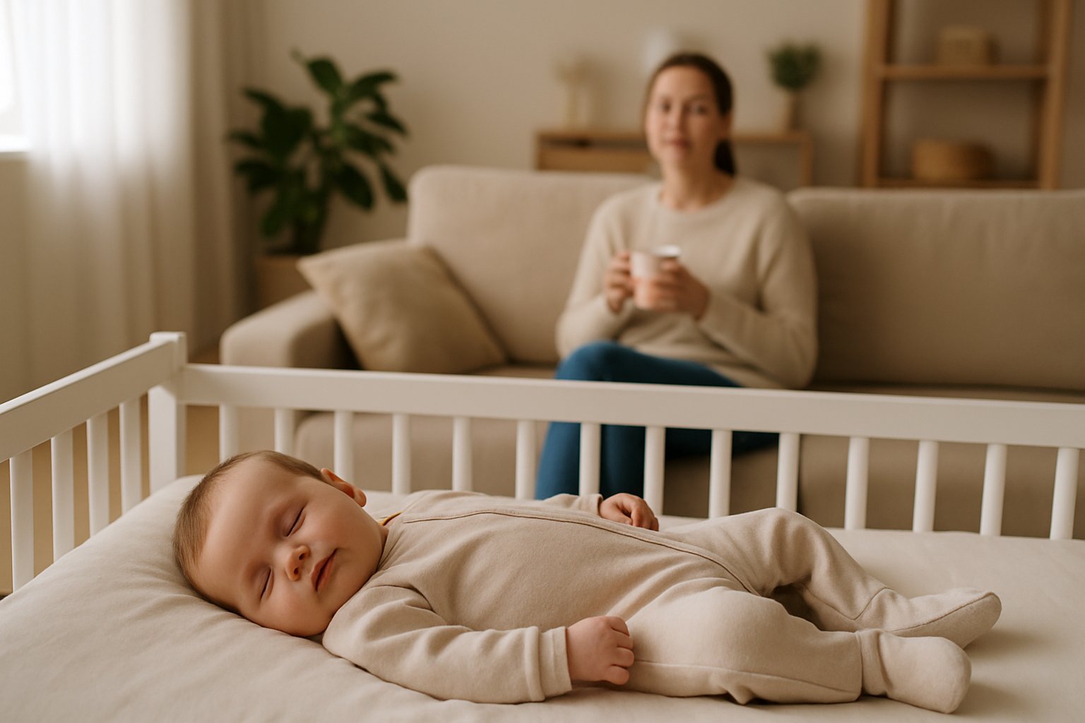 부모가 아기를 안정시키고 침대로 옮기는 장면