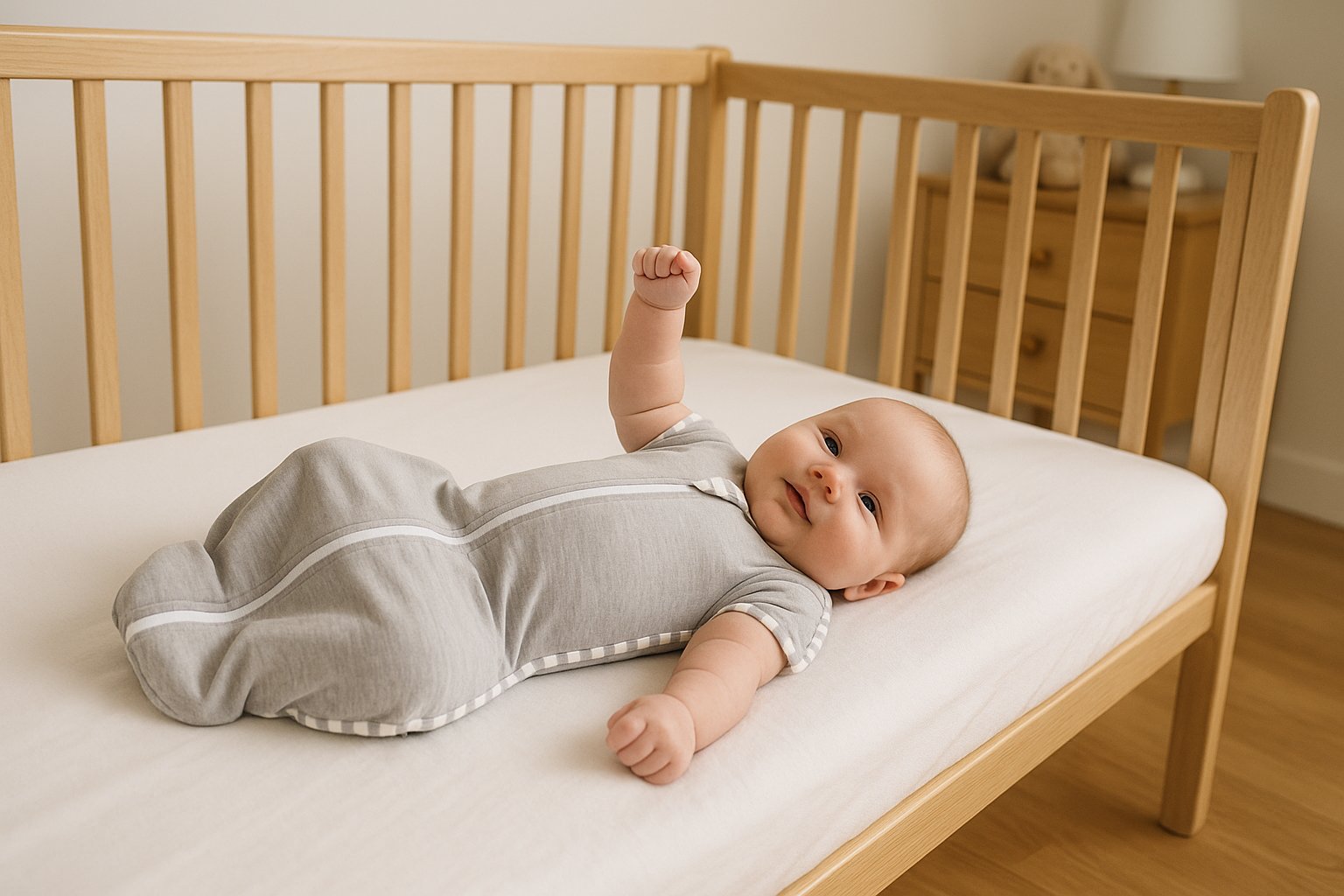 스와들업 졸업을 위해 한쪽 팔만 빼고 자는 아기